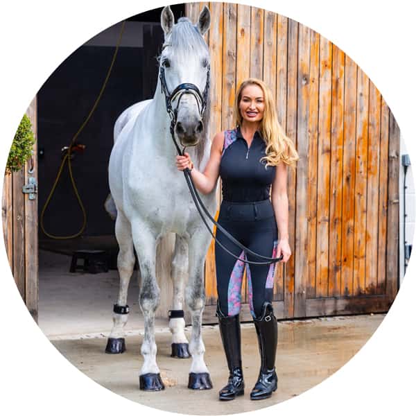 Sofie Butchart showing EQU Streamz bands worn on both hock or hind legs but bands can be worn on any leg both fronts and hinds for fetlock or hock and rebalance whole body by being worn on any two legs. EQU STreamz magnetism for horses.