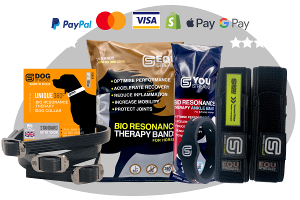 Collection of STREAMZ products including a box, packets, and bands on a white background with payment logos above.