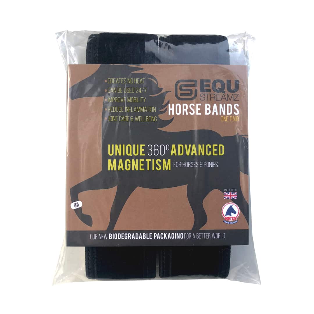 EQU Streamz fetlock bands image of pair of magnetic therapy bands for horses in the packaging. Used for pain relief and recovery, joint care and wellbeing. Out now in USA and suitable for barrel racing showjumping eventing dressage rodeo and more.