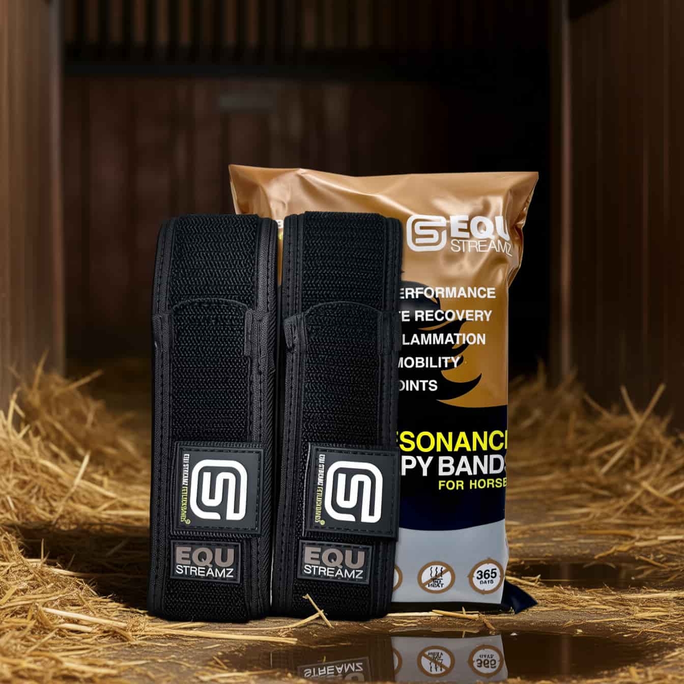 EQU StreamZ bands in a horse stable with biodegradable starch based packaging