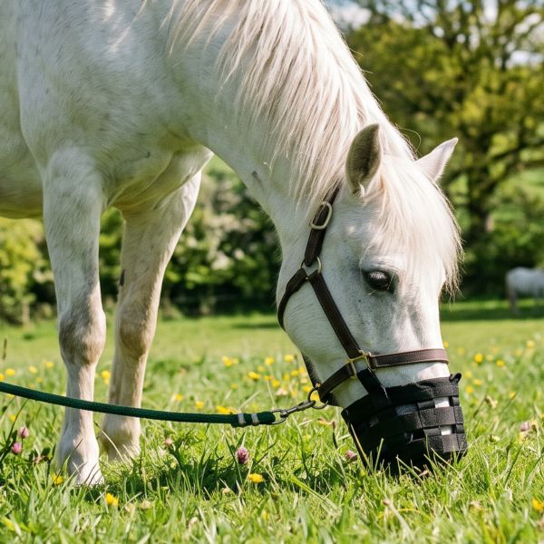 Horse with laminitis in field with muzzle to stop grazing